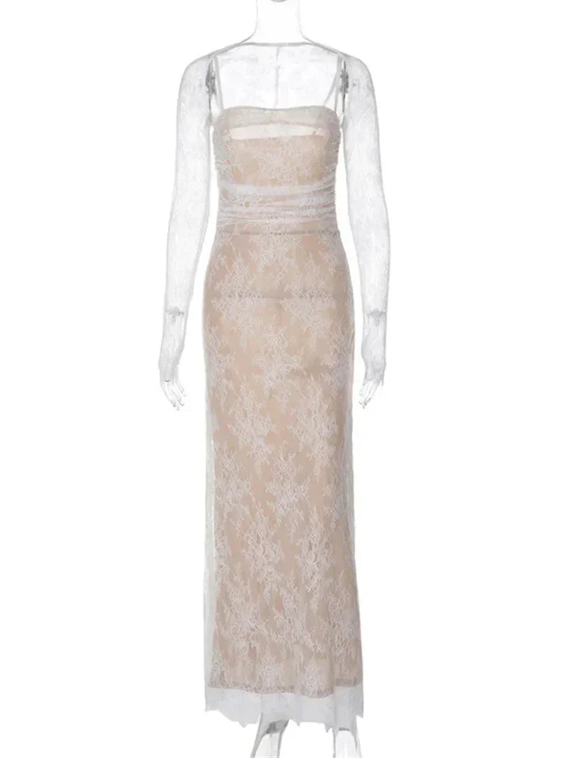 Mesh Lace Spaghetti Strap Maxi Dress With Shrug