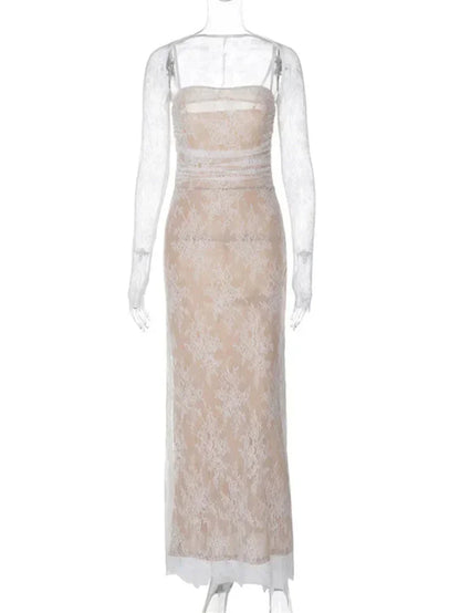 Mesh Lace Spaghetti Strap Maxi Dress With Shrug