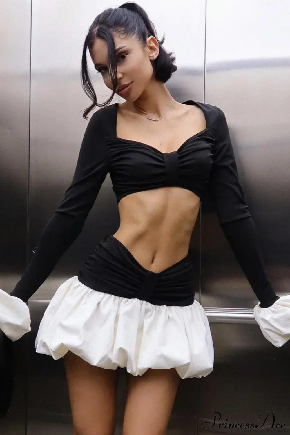 Ruched Sweetheart Neck Puff Cuff Crop Top and Bubble Hem Mini Skirt Set