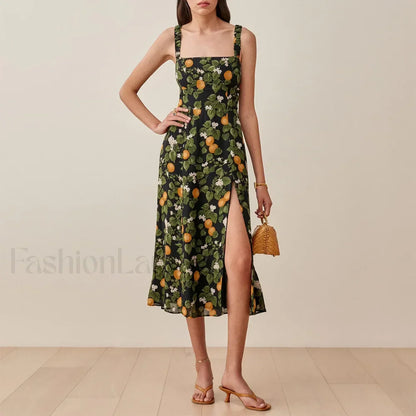 Ruched High-Slit Floral Midi Dress