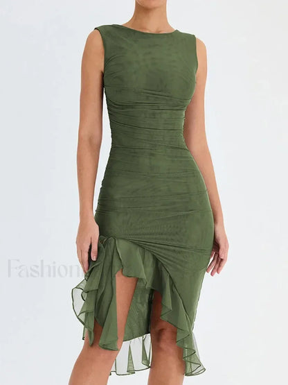 Ruched Irregular Hem Midi Dress
