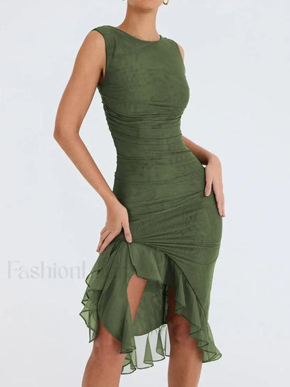 Ruched Irregular Hem Midi Dress