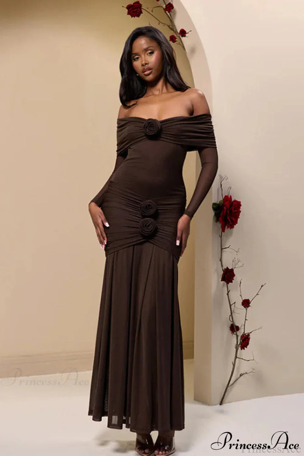 Ruched Off Shoulder Floral Bodycon Maxi Dress