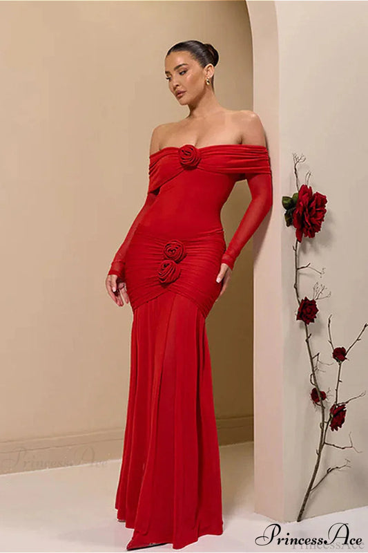 Ruched Off Shoulder Floral Bodycon Maxi Dress