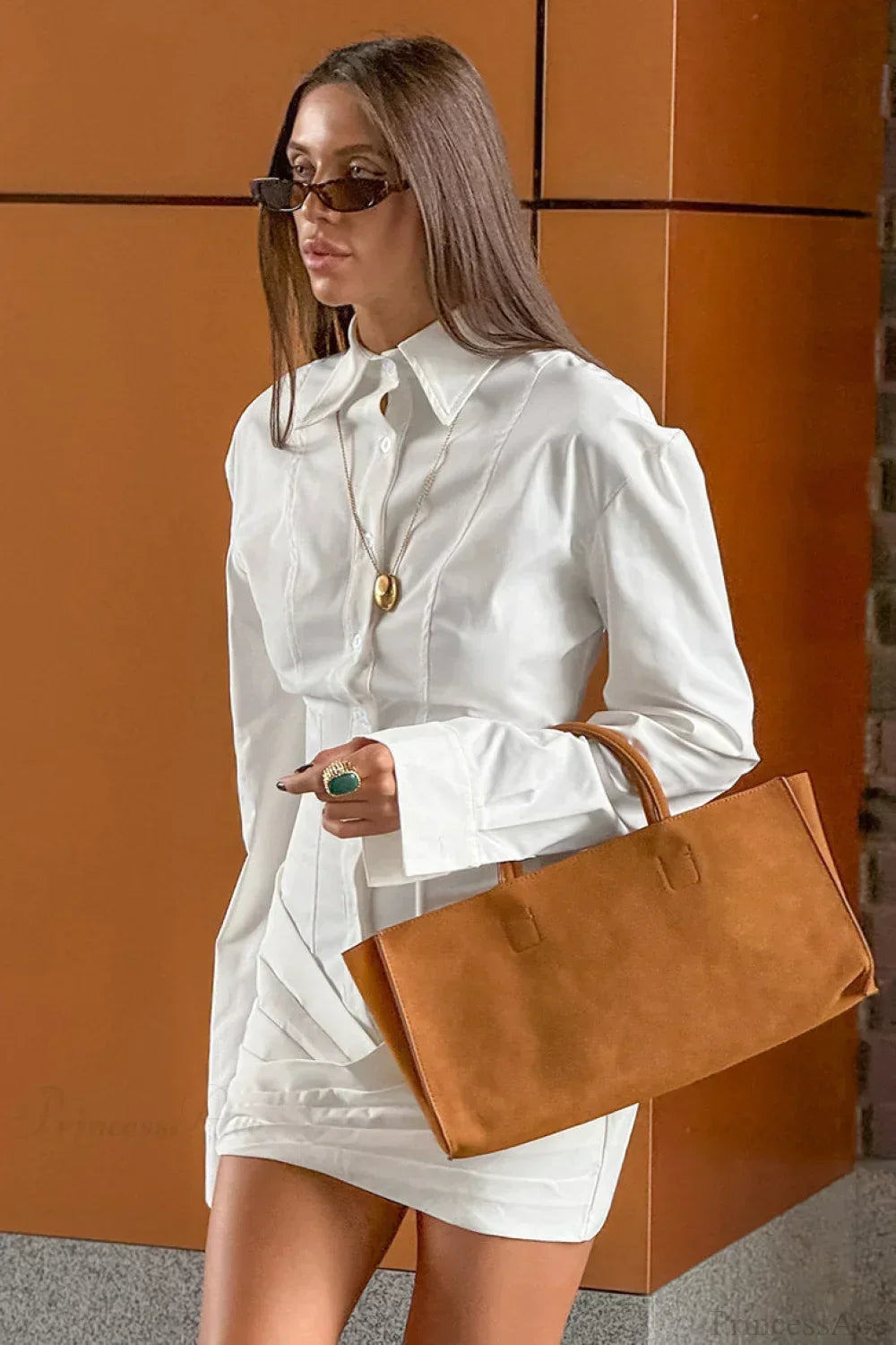 Button-Front Pleated Bodice Bell Cuff Shirt Mini Dress