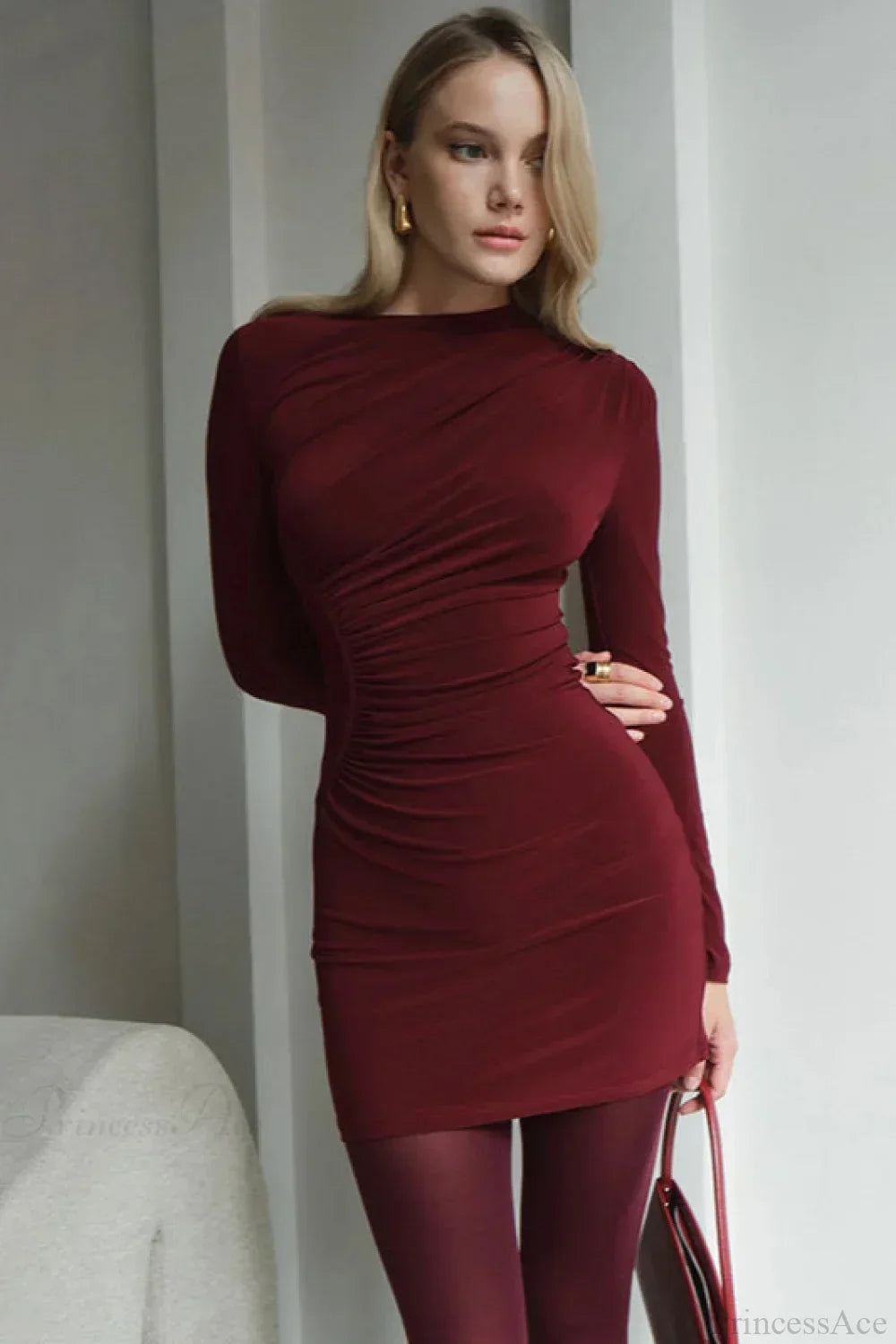 Long Sleeve Side Ruched Asymmetric Neck Bodycon Mini Dress