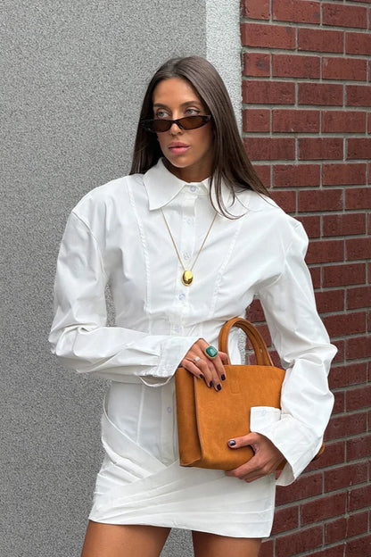 Button-Front Pleated Bodice Bell Cuff Shirt Mini Dress