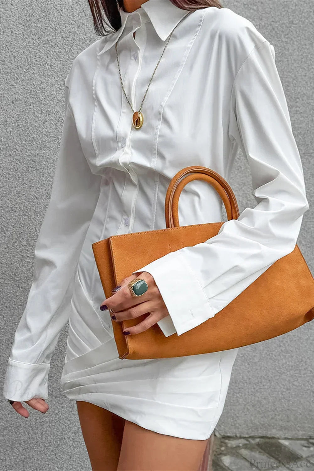 Button-Front Pleated Bodice Bell Cuff Shirt Mini Dress