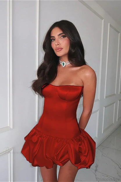 Strapless Sweetheart Ruched Corset Bodice Bubble Hem Mini Dress