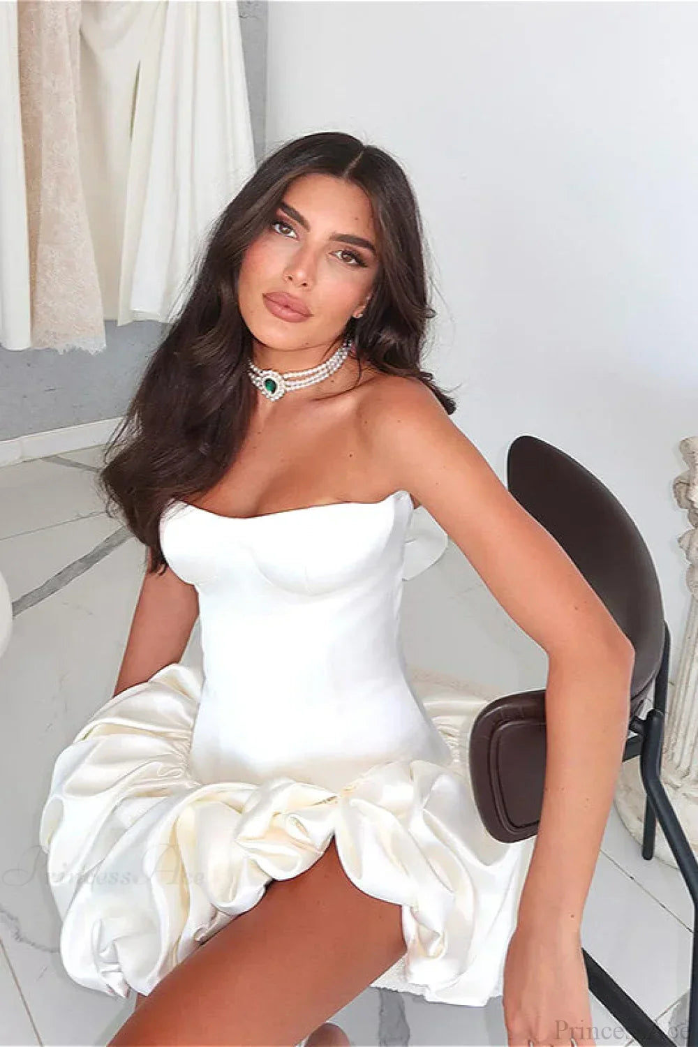 Strapless Sweetheart Ruched Corset Bodice Bubble Hem Mini Dress