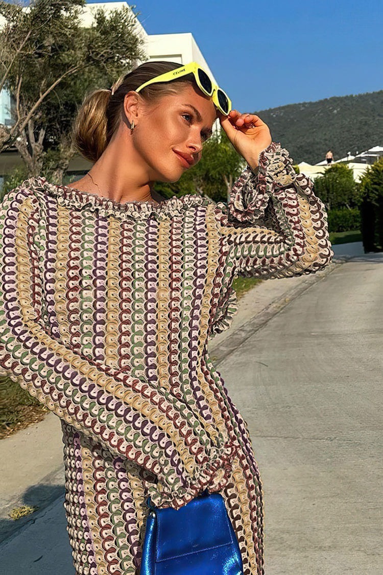 Crochet Stripe Ruffle Neck Long Sleeve Bodycon Mini Dress