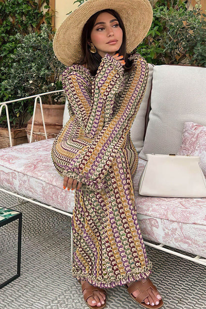 Crochet Stripe Ruffle Neck Long Sleeve Bodycon Mini Dress