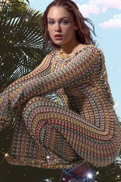 Crochet Stripe Ruffle Neck Long Sleeve Bodycon Mini Dress