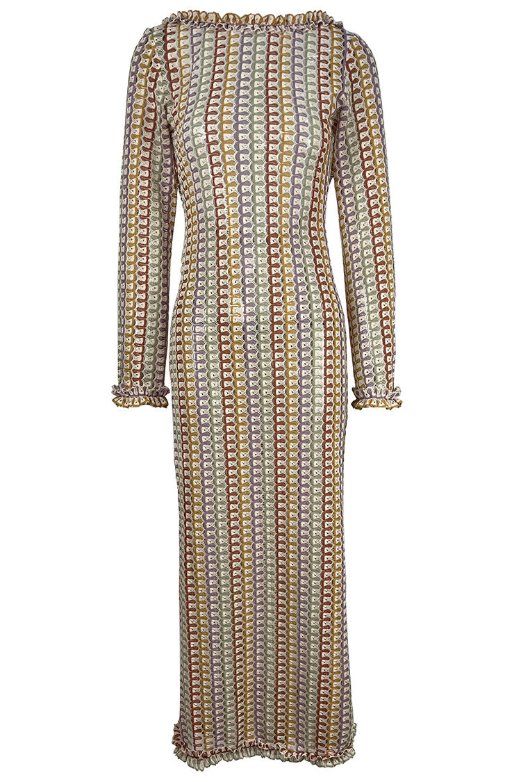 Crochet Stripe Ruffle Neck Long Sleeve Bodycon Mini Dress
