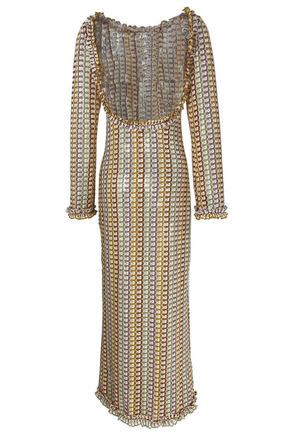 Crochet Stripe Ruffle Neck Long Sleeve Bodycon Mini Dress