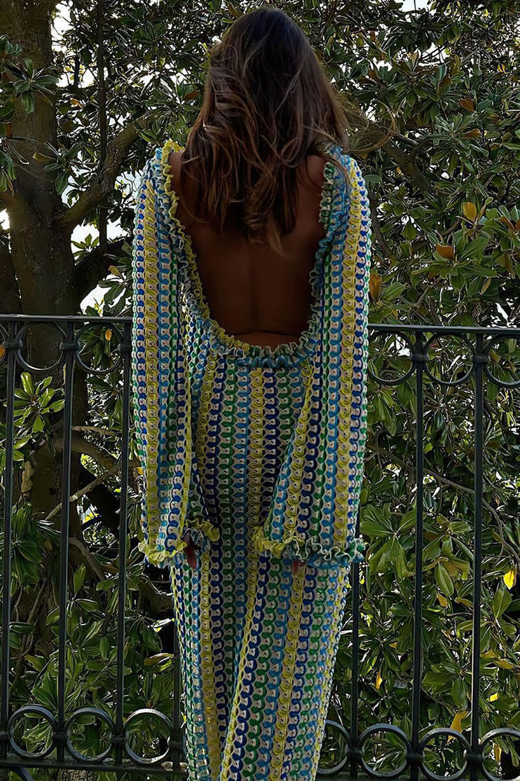 Crochet Stripe Open Back Long Sleeve Beach Maxi Dress