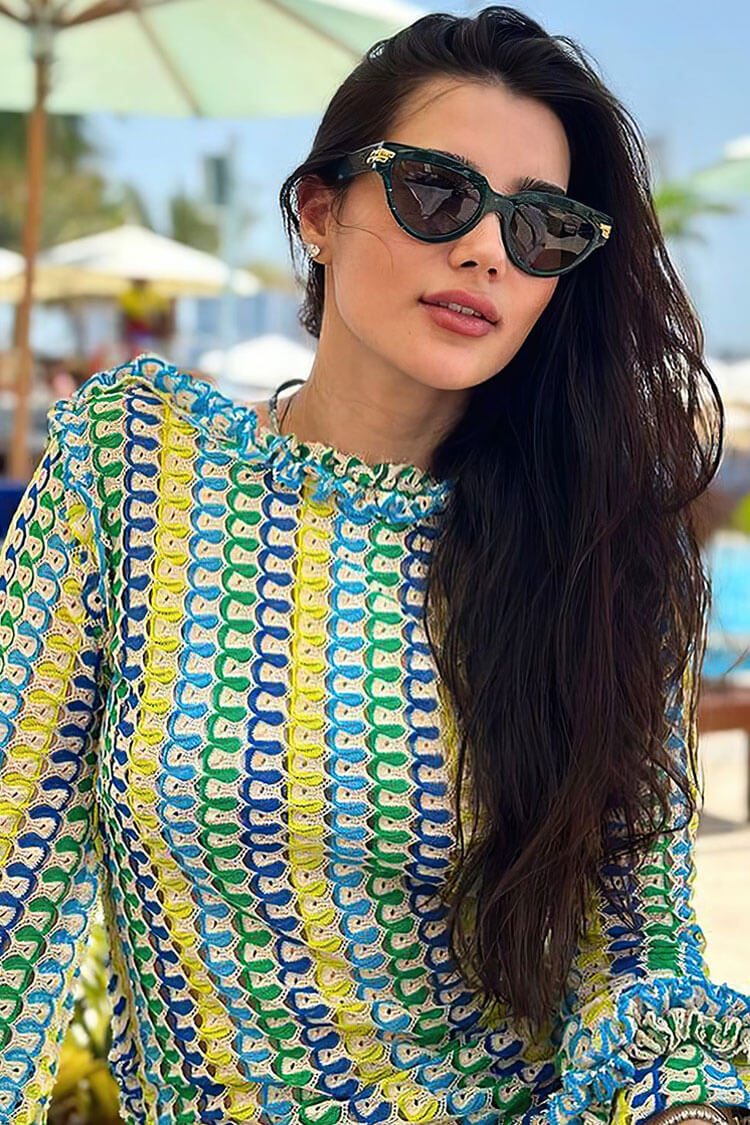 Crochet Stripe Open Back Long Sleeve Beach Maxi Dress