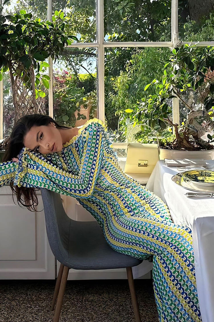 Crochet Stripe Open Back Long Sleeve Beach Maxi Dress