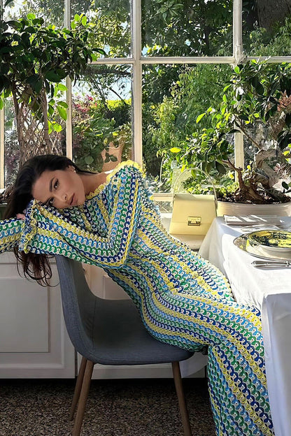 Crochet Stripe Open Back Long Sleeve Beach Maxi Dress