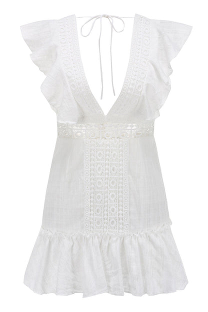 Deep V Neck Flutter Sleeve Crochet Lace Trim Ruffle Hem Mini Dress