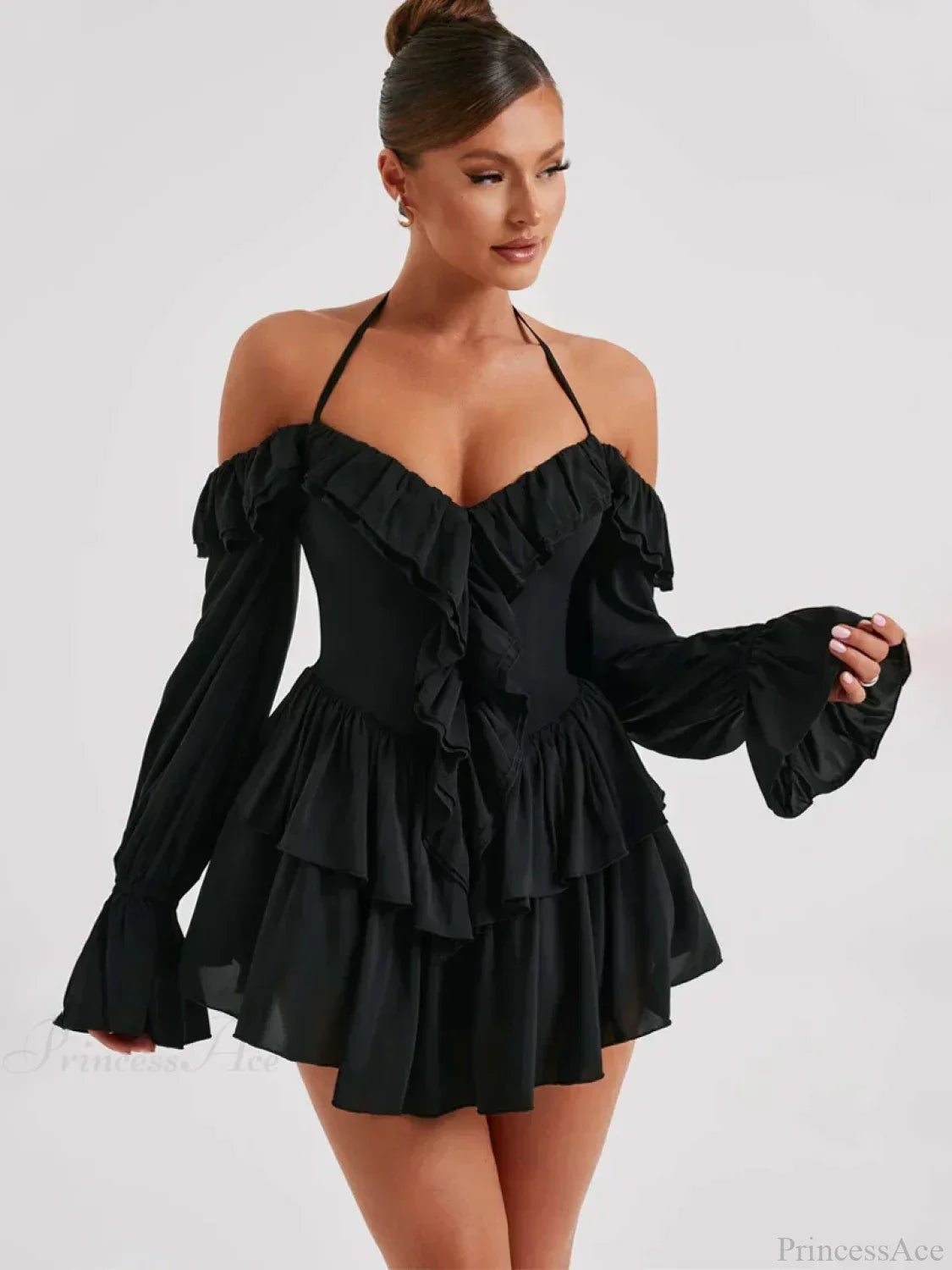 Halter Neck Plunge V-Neck Ruffle Trim Cold-Shoulder Bell Sleeve Tiered Mini Dress
