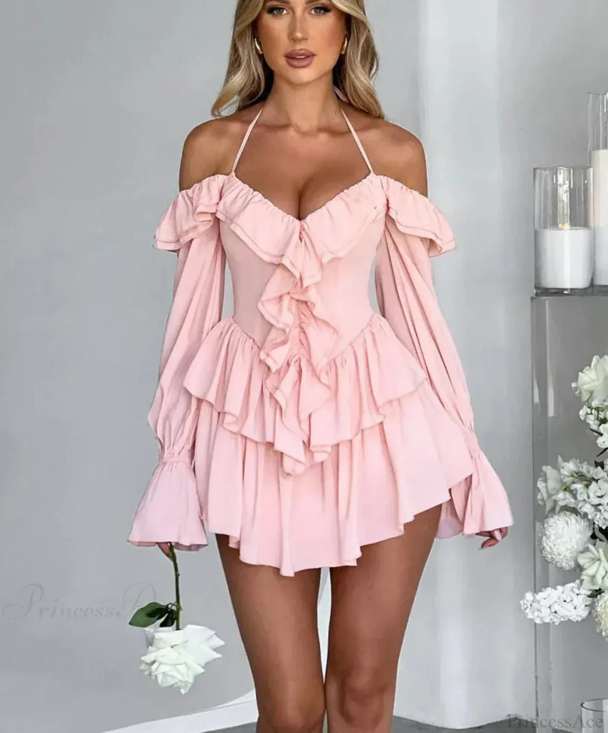 Halter Neck Plunge V-Neck Ruffle Trim Cold-Shoulder Bell Sleeve Tiered Mini Dress