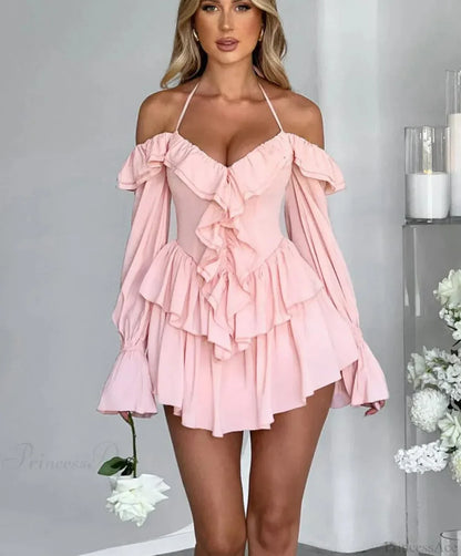 Halter Neck Plunge V-Neck Ruffle Trim Cold-Shoulder Bell Sleeve Tiered Mini Dress