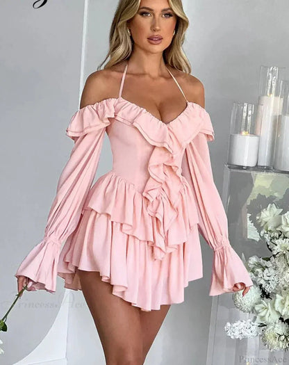 Halter Neck Plunge V-Neck Ruffle Trim Cold-Shoulder Bell Sleeve Tiered Mini Dress