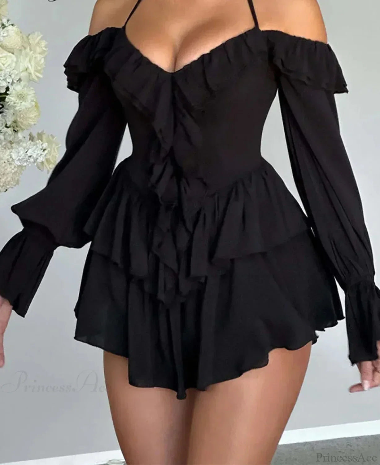 Halter Neck Plunge V-Neck Ruffle Trim Cold-Shoulder Bell Sleeve Tiered Mini Dress