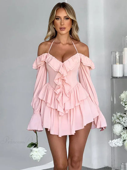 Halter Neck Plunge V-Neck Ruffle Trim Cold-Shoulder Bell Sleeve Tiered Mini Dress