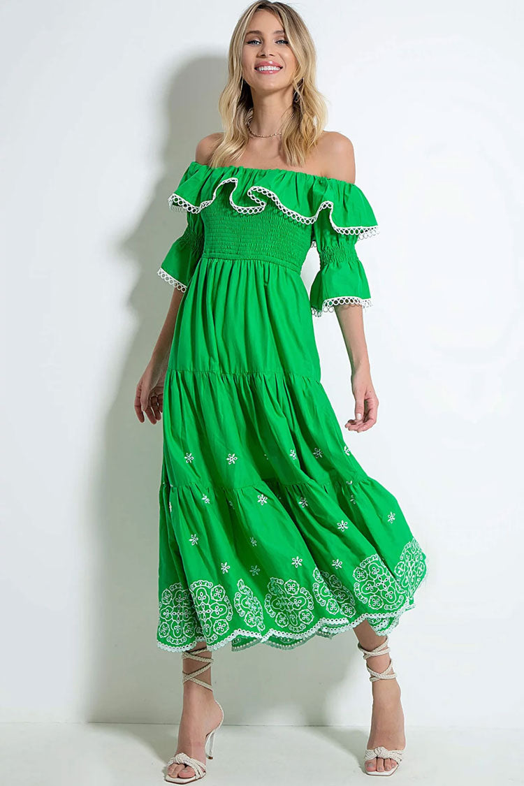 Off Shoulder Smocked Embroidered Floral Tiered Maxi Dress
