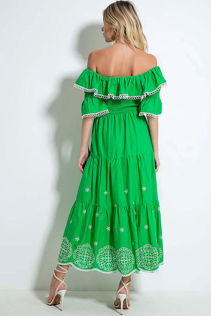Off Shoulder Smocked Embroidered Floral Tiered Maxi Dress