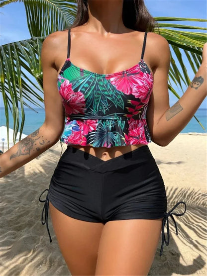 Ruffled Floral Drawstring Side Two Piece Set