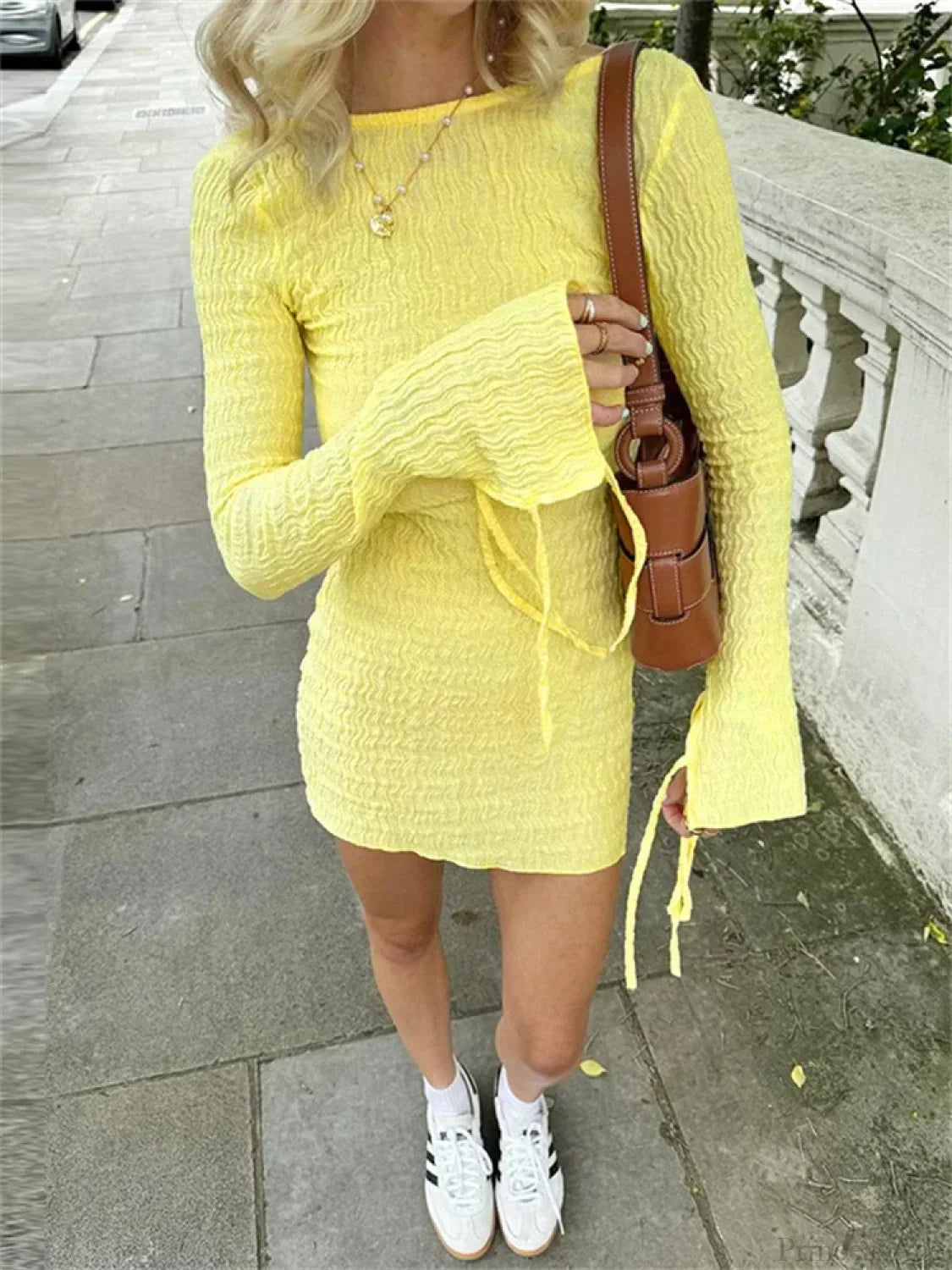 Long Sleeve Crinkled Texture Open Back Ruffle Hem Mini Dress
