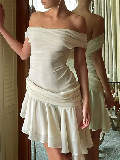 Off Shoulder Ruched Draped Sash Ruffle Hem Mesh Mini Dress
