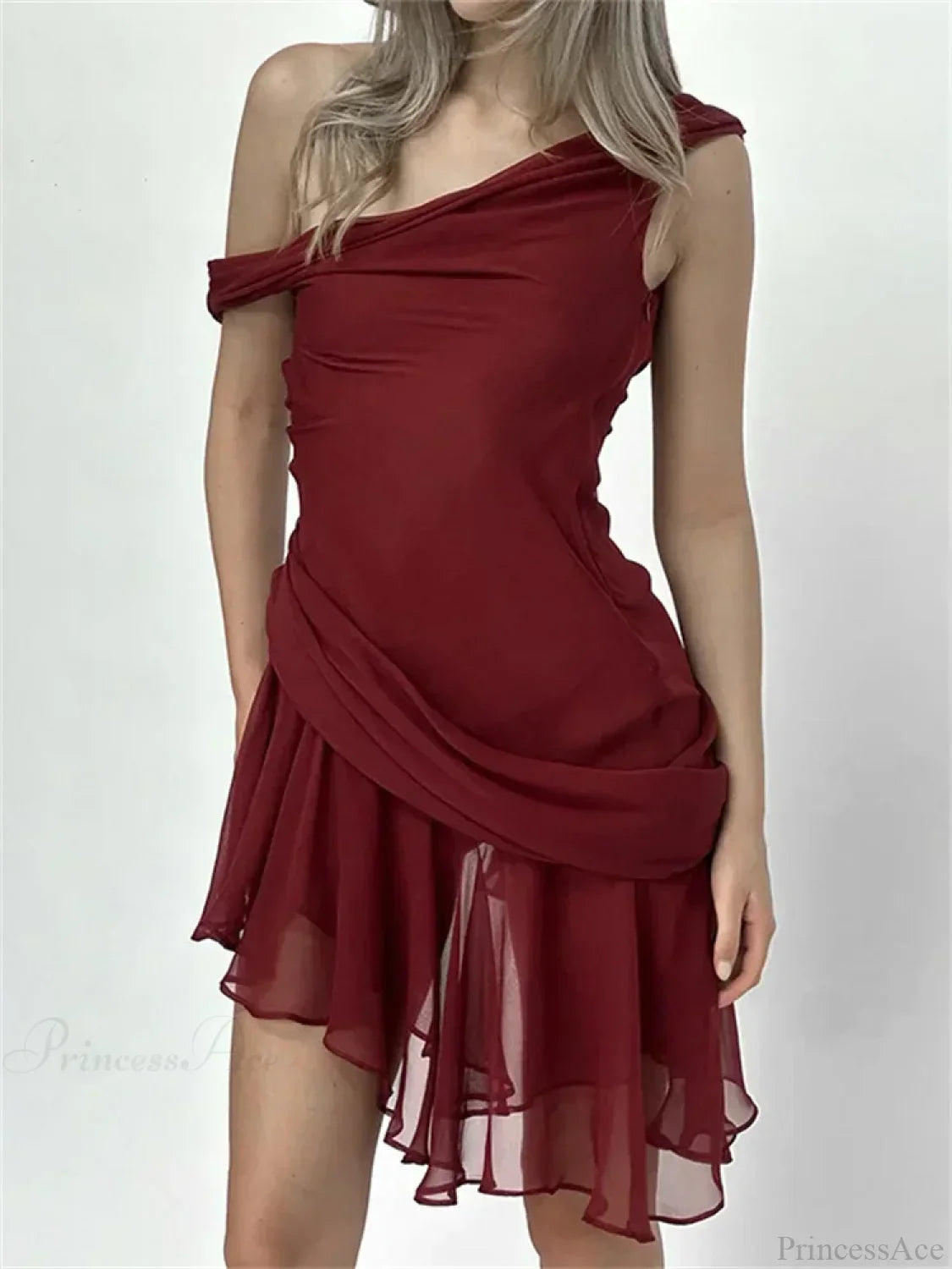 Off Shoulder Ruched Draped Sash Ruffle Hem Mesh Mini Dress