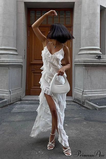 Ruffled Strapless Slit Bodycon Maxi Dress