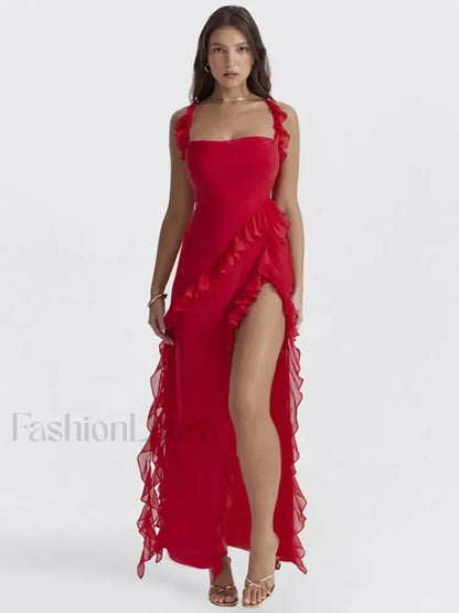 Ruffled Thigh-Split Midi Dress