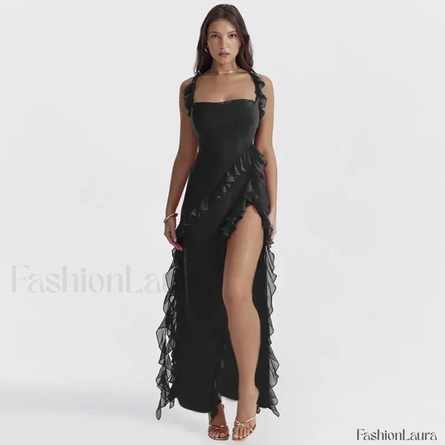 Ruffled Thigh-Split Midi Dress