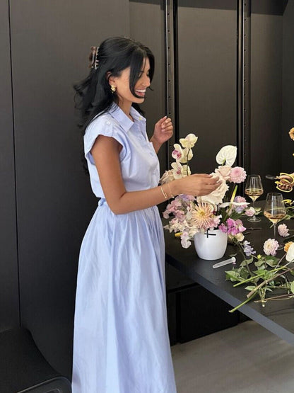 Blue Short Sleeves Midi Dress with Belt