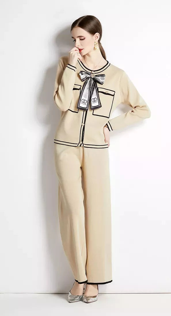 Apricot - Elegant Knitted Cardigan Two Piece Set