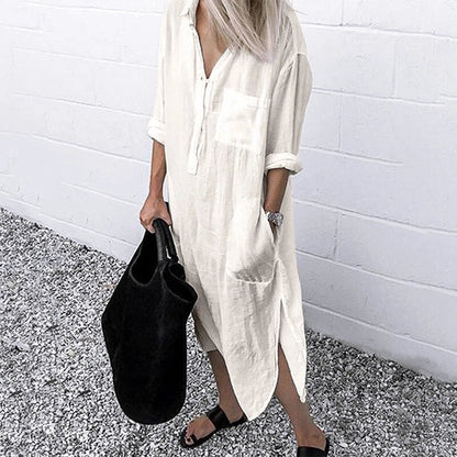 Women's Oversized Long Shirt Dress – Casual Button-Up Dress With Pockets