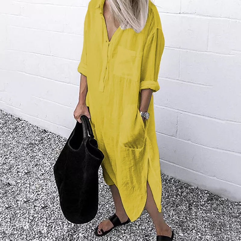 Women's Oversized Long Shirt Dress – Casual Button-Up Dress With Pockets