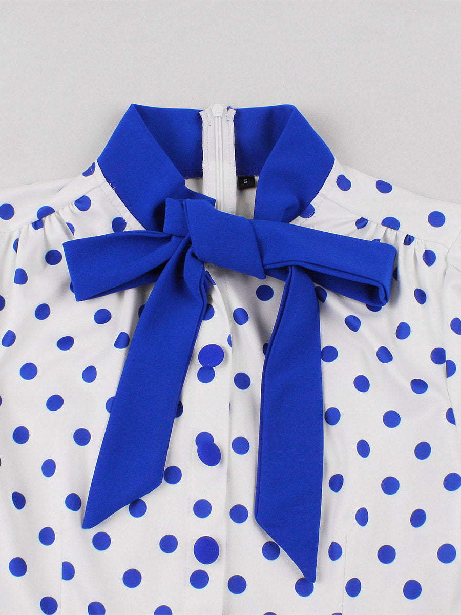 Polka Dot Patchwork Bow Tie Neck Short Sleeve Retro Swing Dress For Women 2026