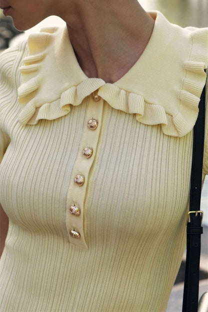 Salome Lapel Collar Ruffle Knit Mini Dress