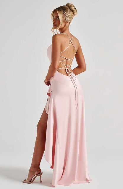 Spaghetti Strap High Low Ruffle Hem Side Slit Bodycon Maxi Dress