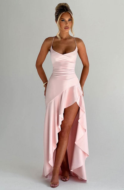 Spaghetti Strap High Low Ruffle Hem Side Slit Bodycon Maxi Dress