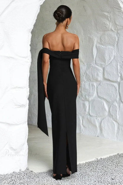 Sash Off Shoulder Split Slim Fitted Maxi Dress