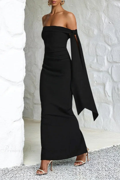 Sash Off Shoulder Split Slim Fitted Maxi Dress
