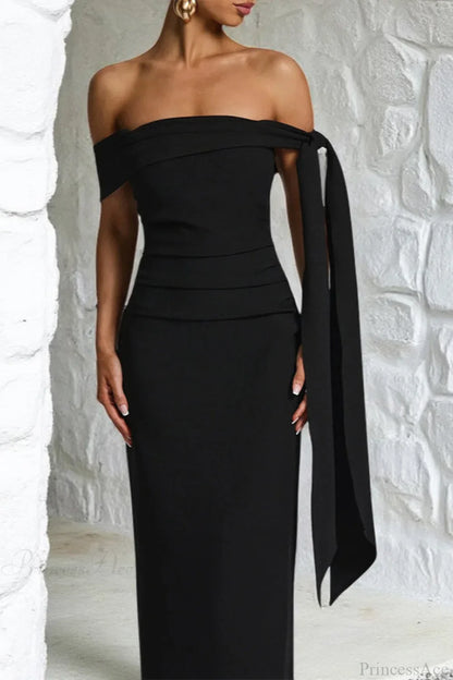 Sash Off Shoulder Split Slim Fitted Maxi Dress